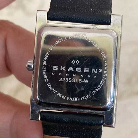 Skagen Denmark Stainless Steel Black Leather Strap Tank Style Wristwatch - Picture 6 of 8